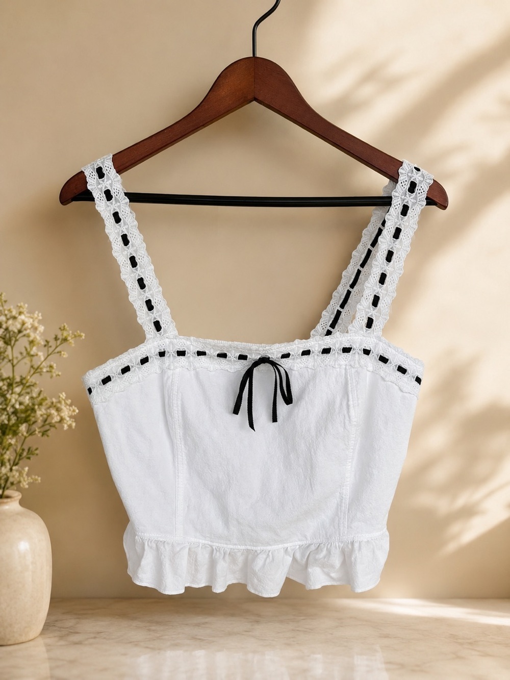 White Cotton Festival Crop Top Eyelet Lace Trim Ruffle Hem Cottagecore Fairy